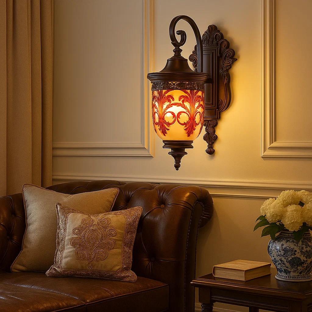 Aplique de pared ornamentado con vidrio esmerilado y detalles en bronce oscuro