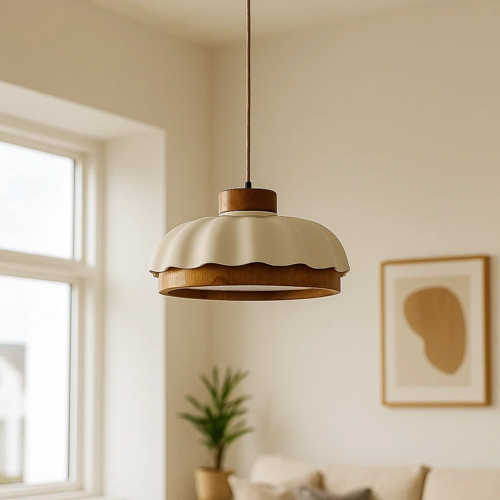 Lámpara colgante moderna de madera y metal ondulado