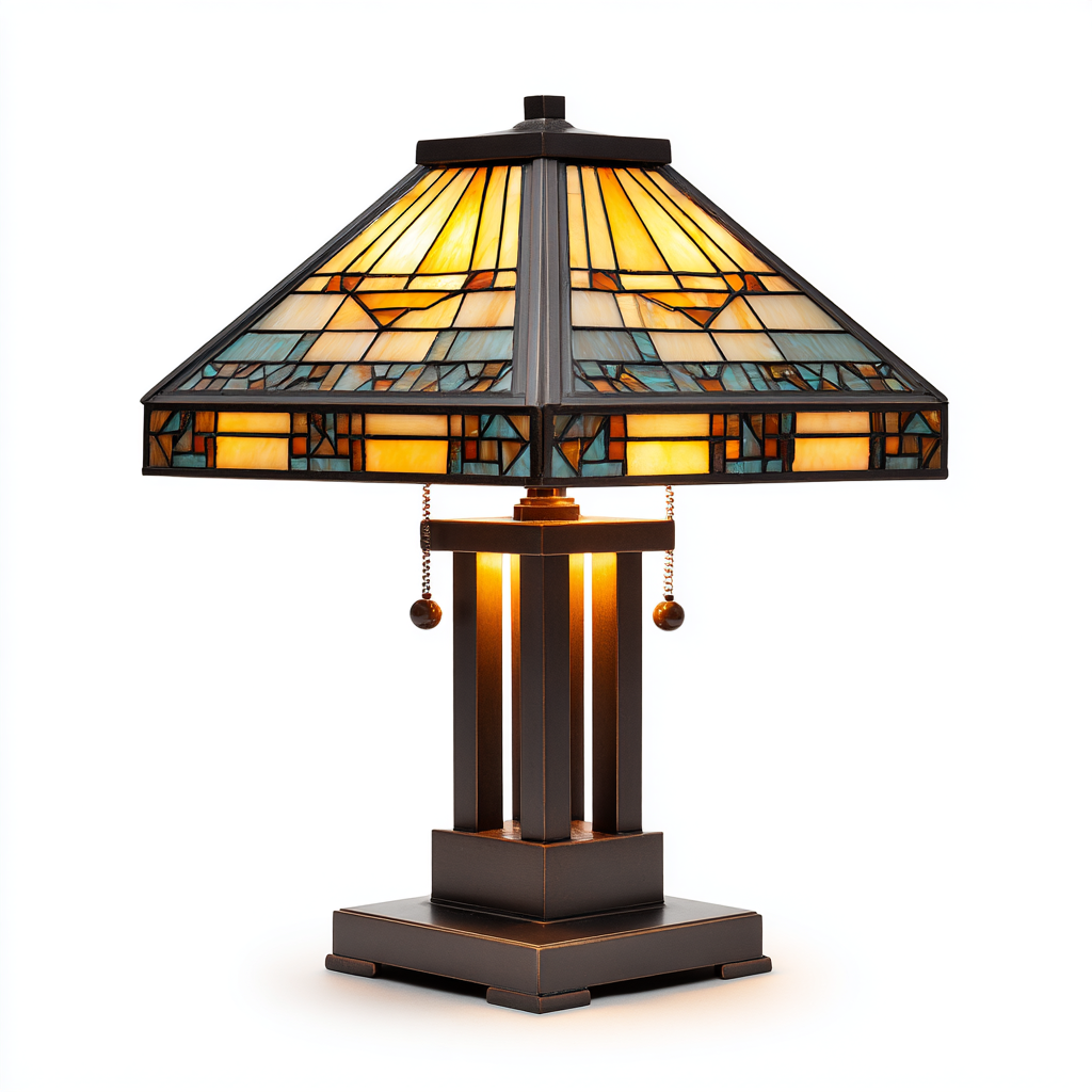 Lámpara de mesa estilo Arts & Crafts con pantalla de vidrio de colores y base de bronce