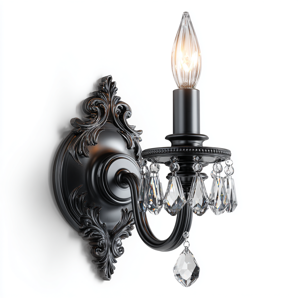 Aplique de pared elegante en color negro con cristal y detalles en candelabro