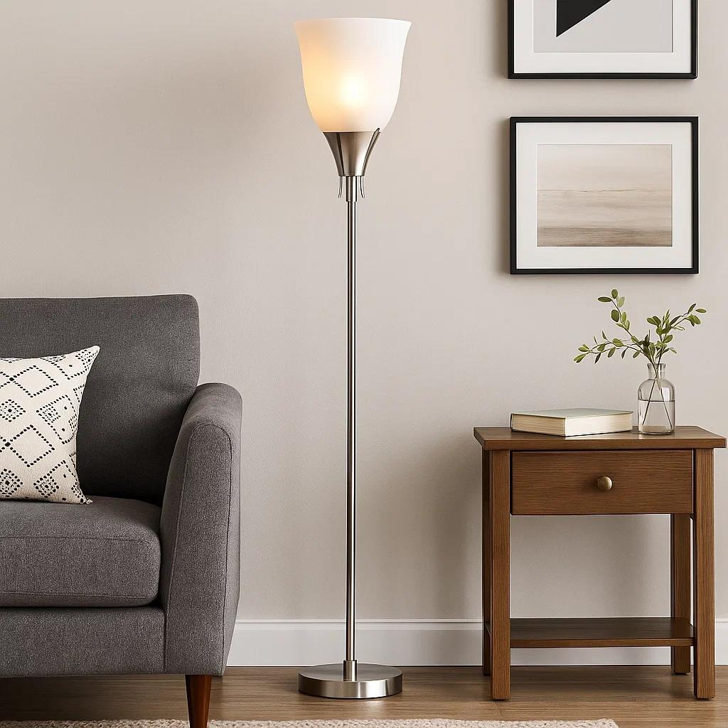 Lámpara de pie decorativa en cromo satinado con pantalla de vidrio esmerilado