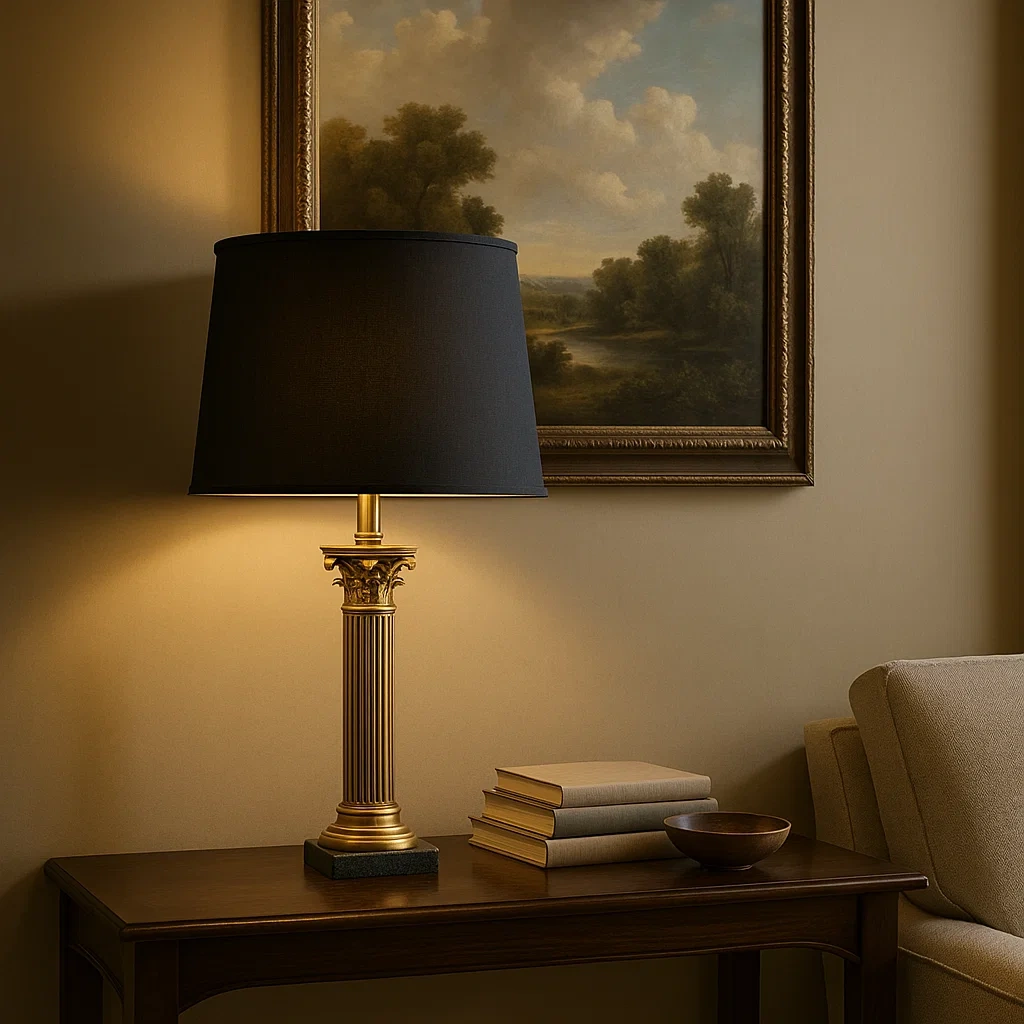 Lámpara de mesa clásica de latón antiguo con pantalla negra