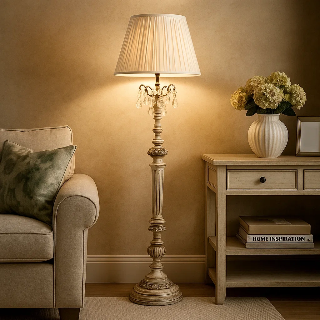 Lámpara de pie rústica con pantalla plisada y detalles de cristal