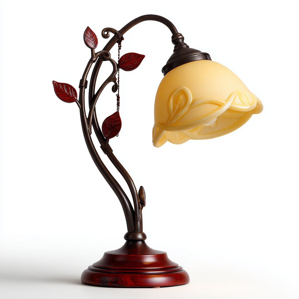 Lámpara de mesa estilo oriental con pantalla de vidrio y base de madera