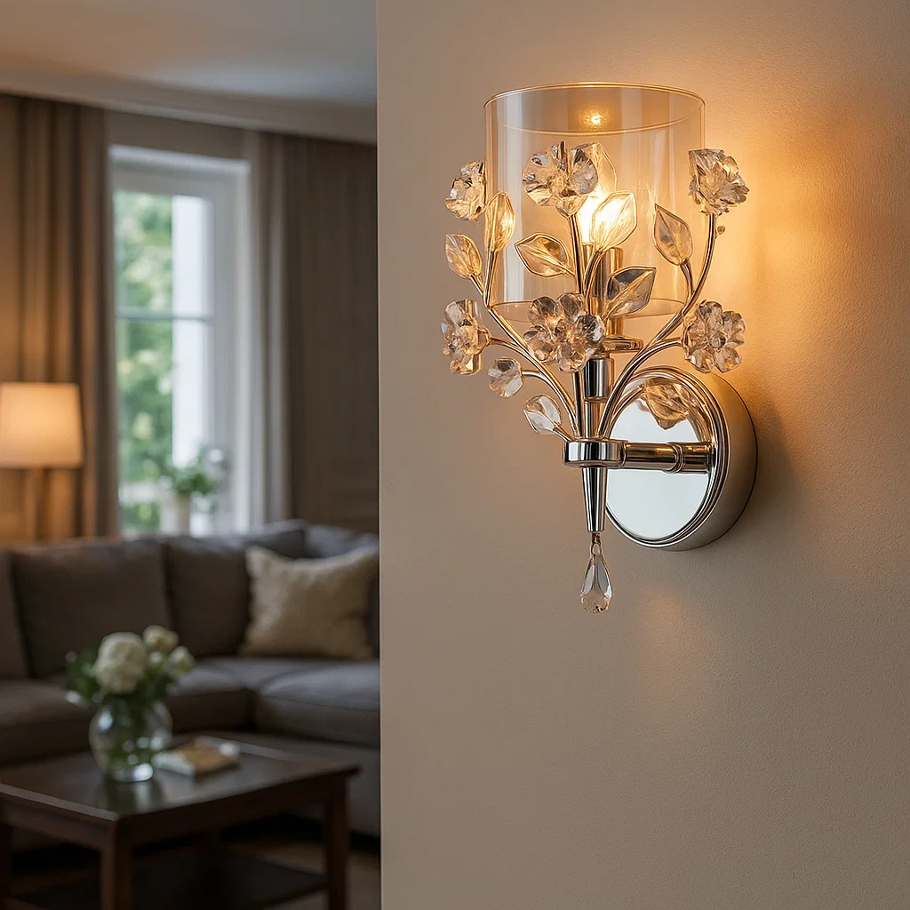 Aplique de pared urbano con diseño floral y detalles en metal cromado