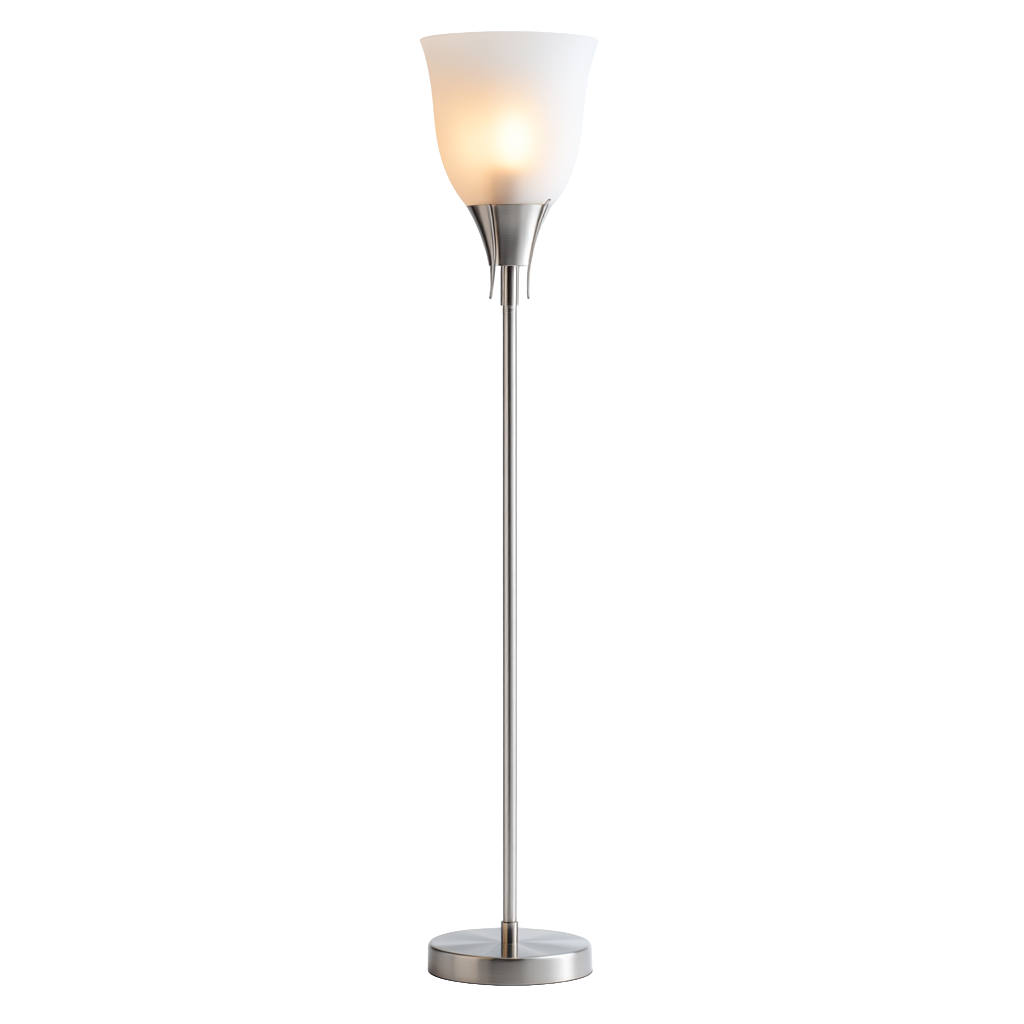 Lámpara de pie decorativa en cromo satinado con pantalla de vidrio esmerilado