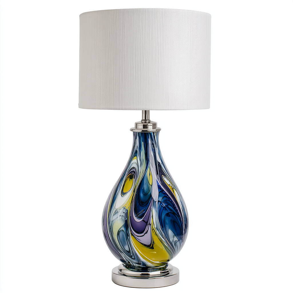 Lámpara de mesa de vidrio artístico con base cromada y pantalla blanca