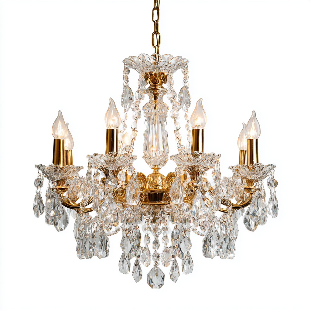 Lámpara de araña clásica de cristal con acabado dorado