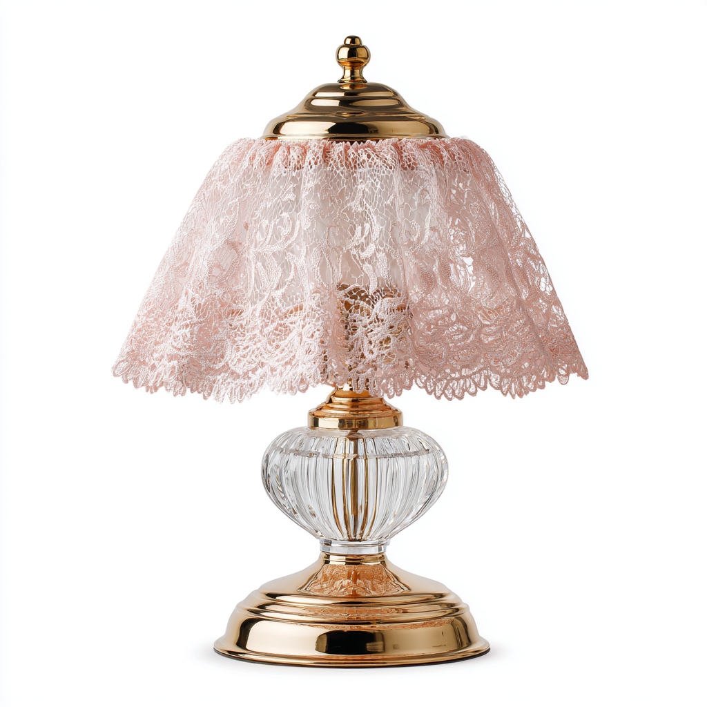 Lámpara de mesa con base dorada y pantalla de encaje rosa