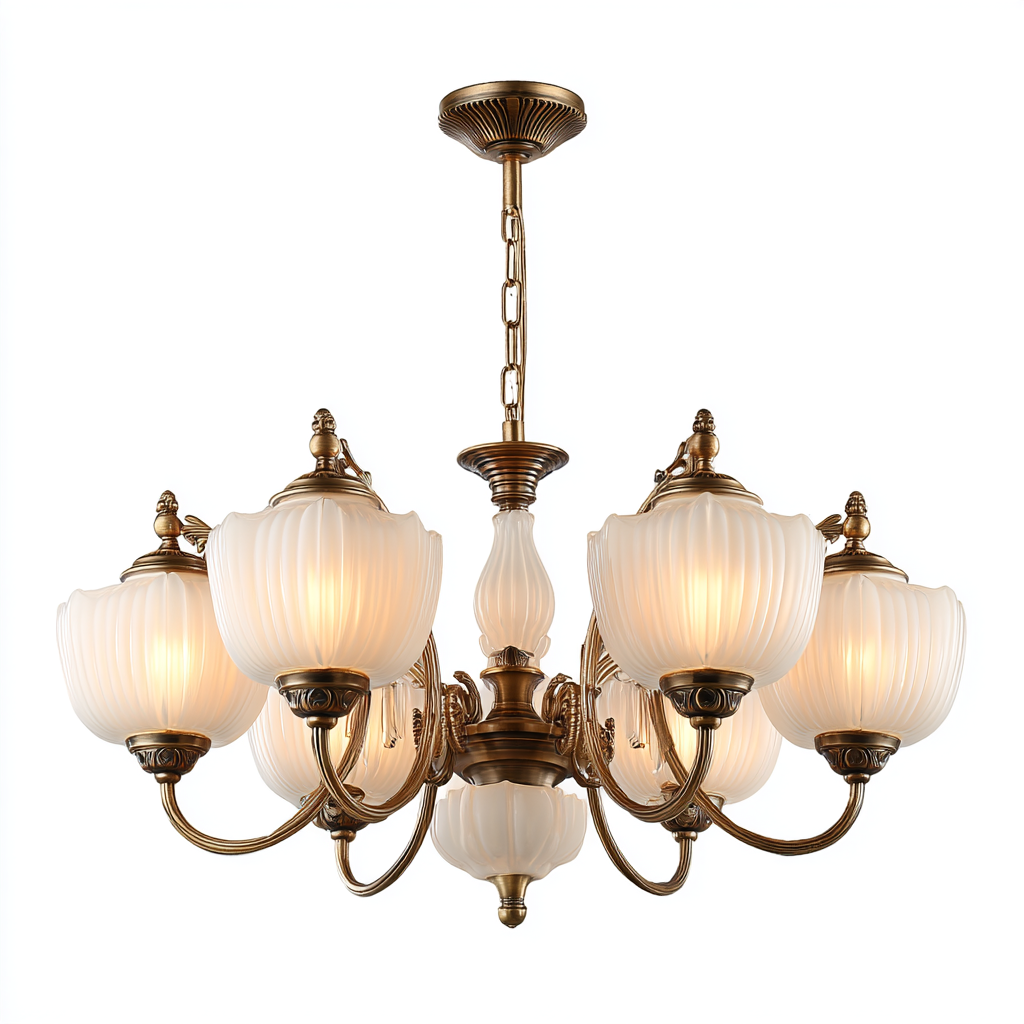 Lámpara de techo con 6 pantallas de vidrio blanco y estructura de bronce antiguo