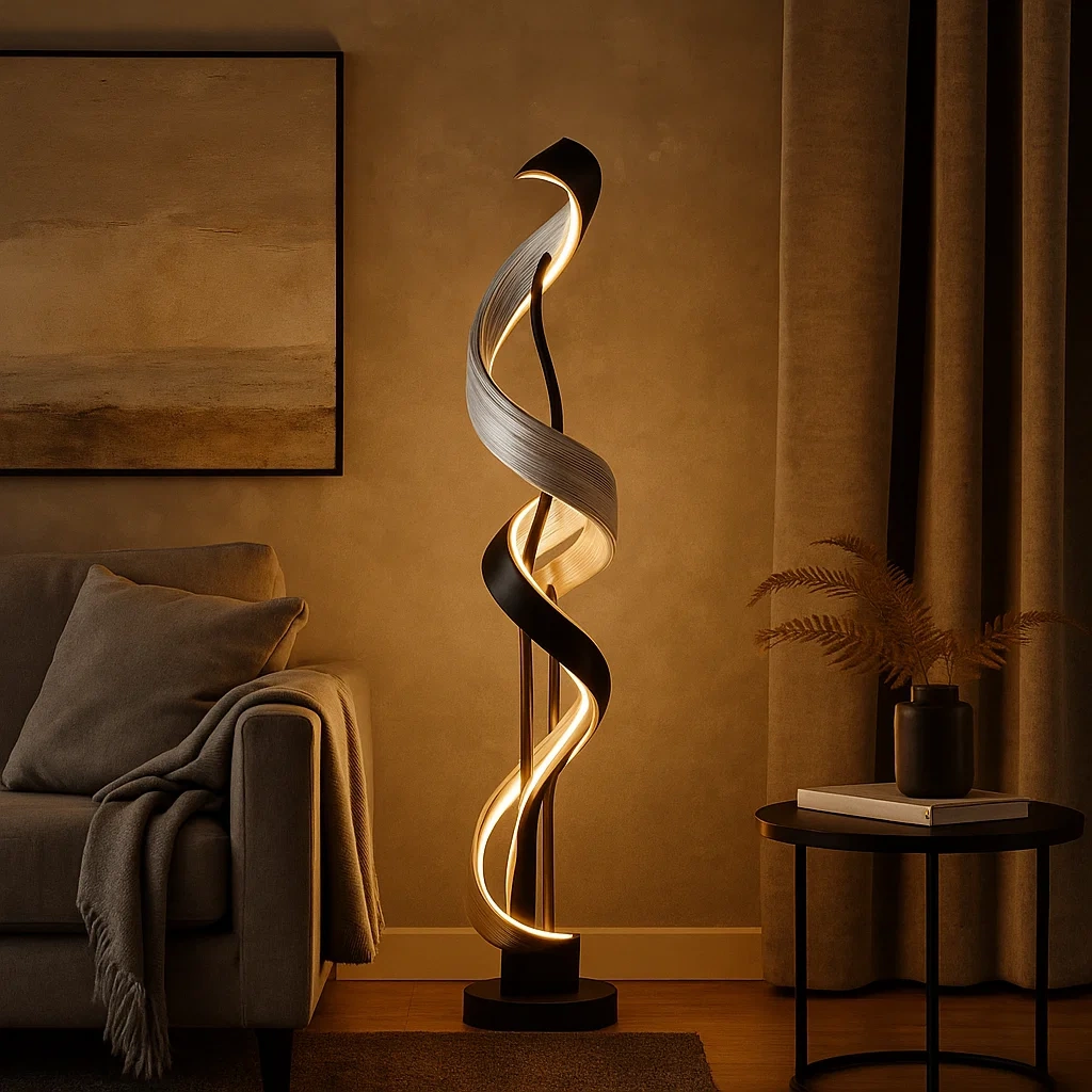Lámpara de pie LED moderna en espiral con diseño artístico