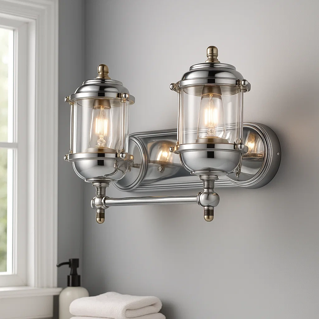 Aplique de pared náutico futurista con dos luces y detalles cromados