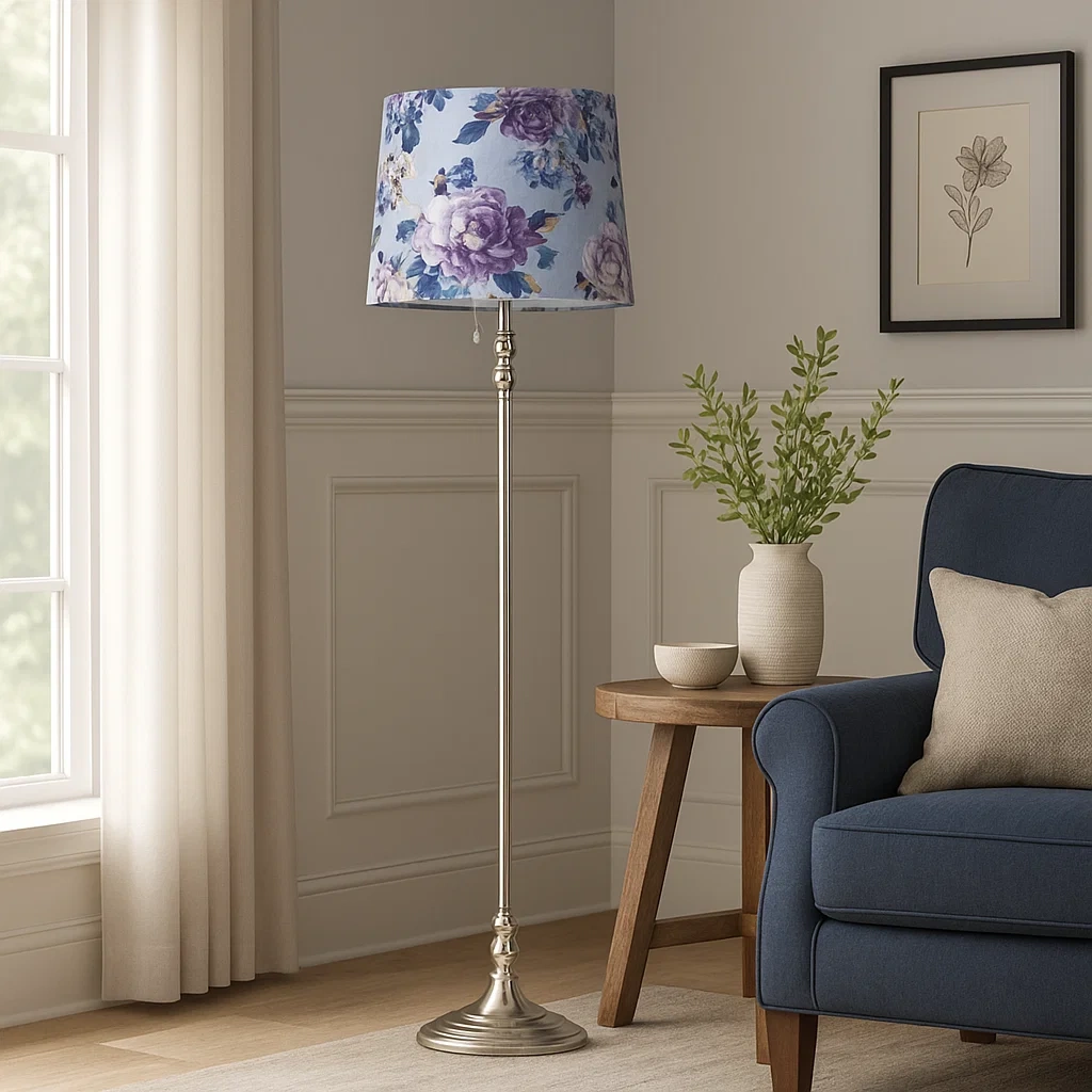Lámpara de pie con pantalla floral azul y púrpura