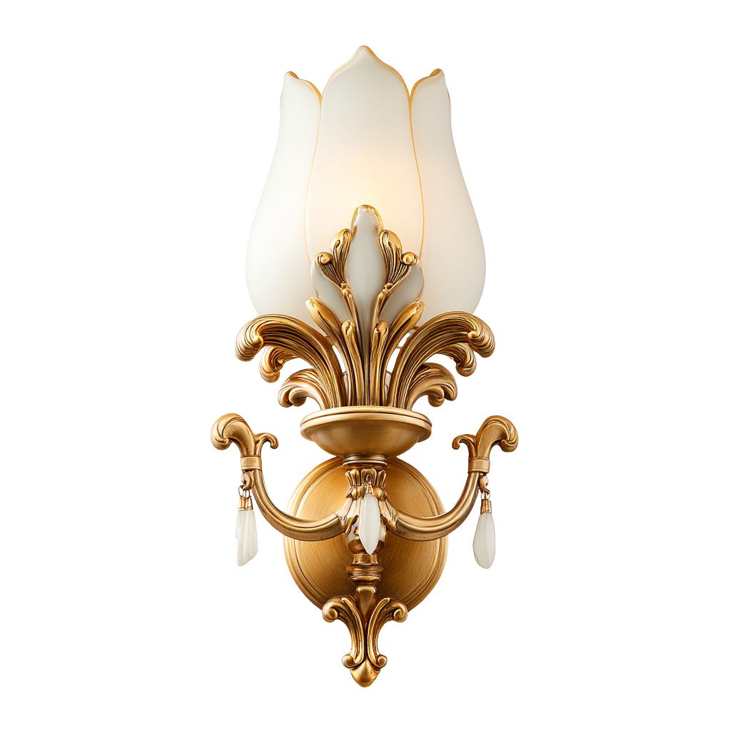 Aplique de pared blanco y dorado con diseño de flo