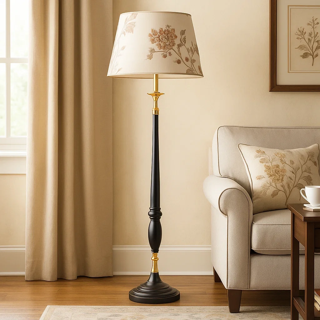 Lámpara de pie clásica de madera negra con detalles dorados y pantalla floral