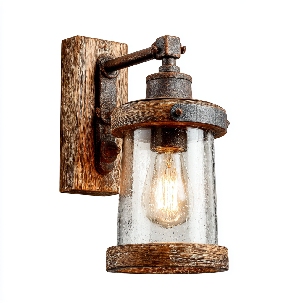 Aplique de pared rústico con base de madera y detalles metálicos