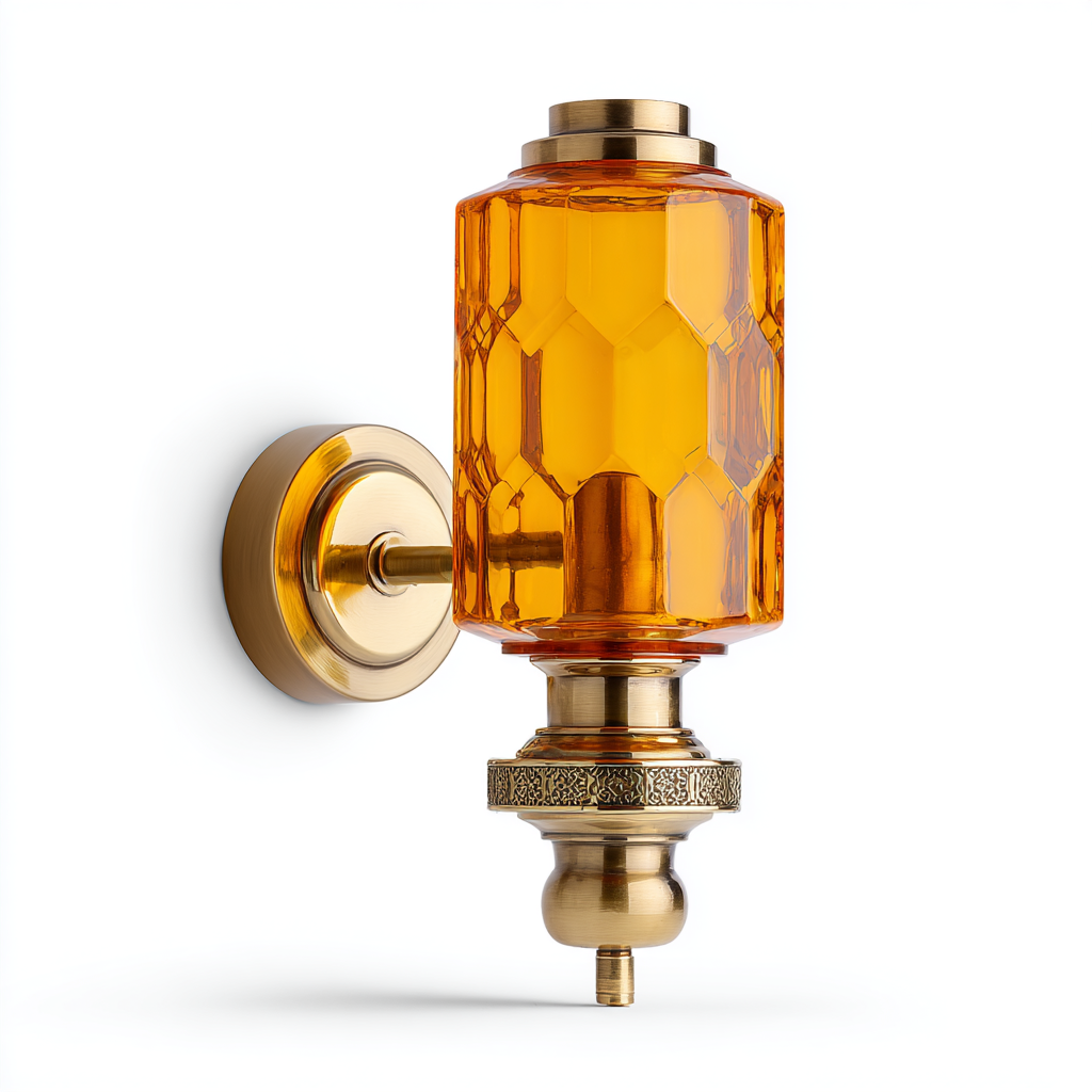 Lámpara de pared moderna con vidrio ámbar y detalles en latón