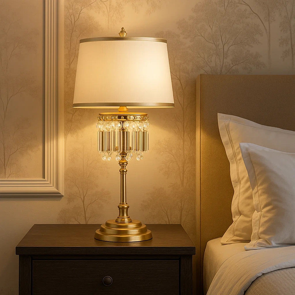 Lámpara de mesa de lujo en oro con cristales colgantes