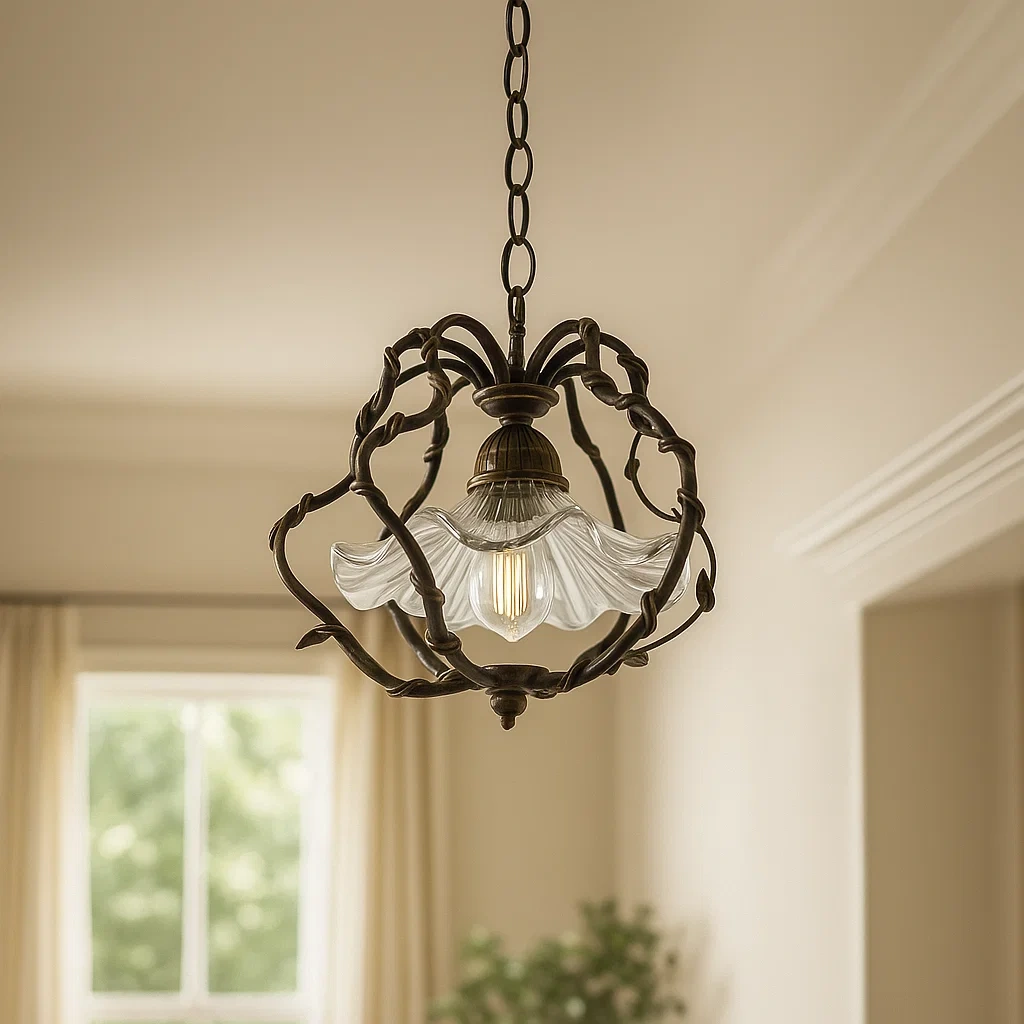 Lámpara colgante vintage de hierro forjado con pantalla de cristal