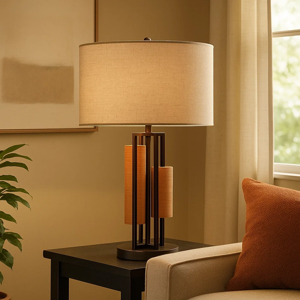 Lámpara de mesa con estructura de hierro y detalles en tela beige y naranja