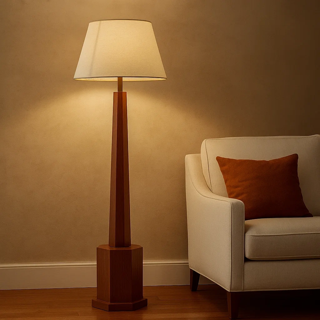 Lámpara de pie con base octogonal de madera y pantalla de tela beige