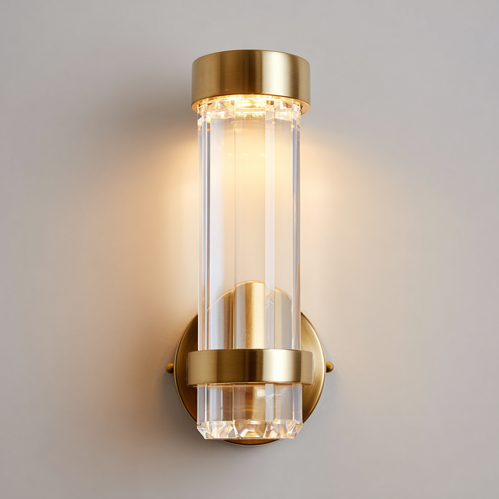 Lámpara de pared cilíndrica de cristal con detalles en metal dorado