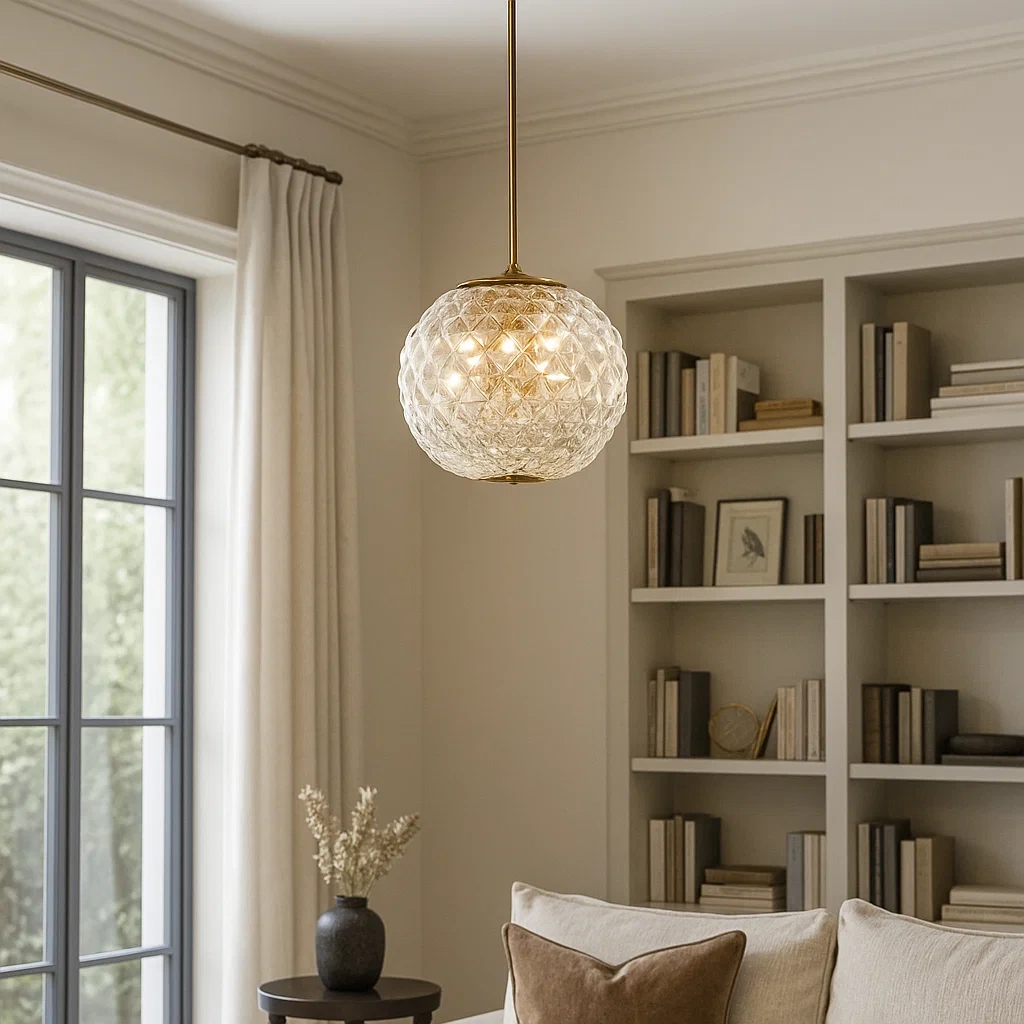 Lámpara colgante de cristal tallado estilo esfera con detalles dorados