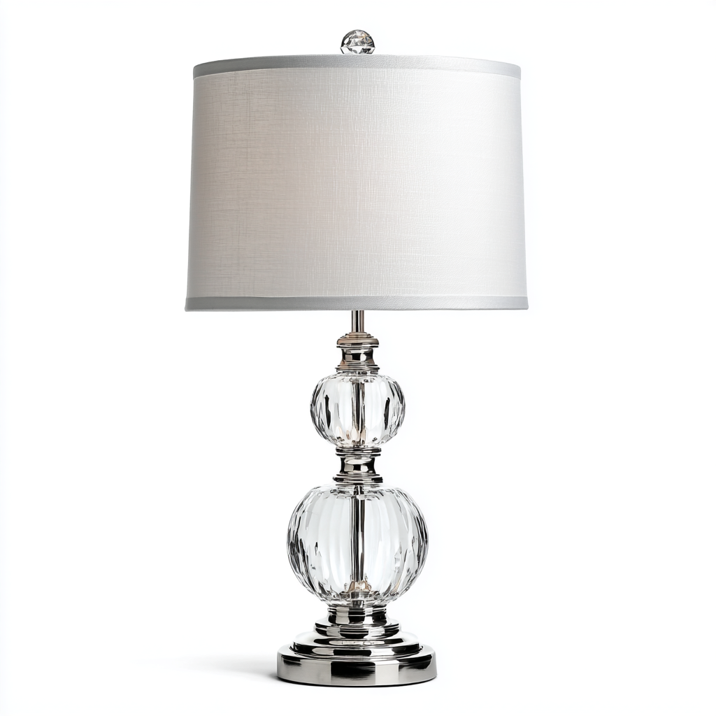Lámpara de mesa de cristal transparente con base cromada y pantalla blanca