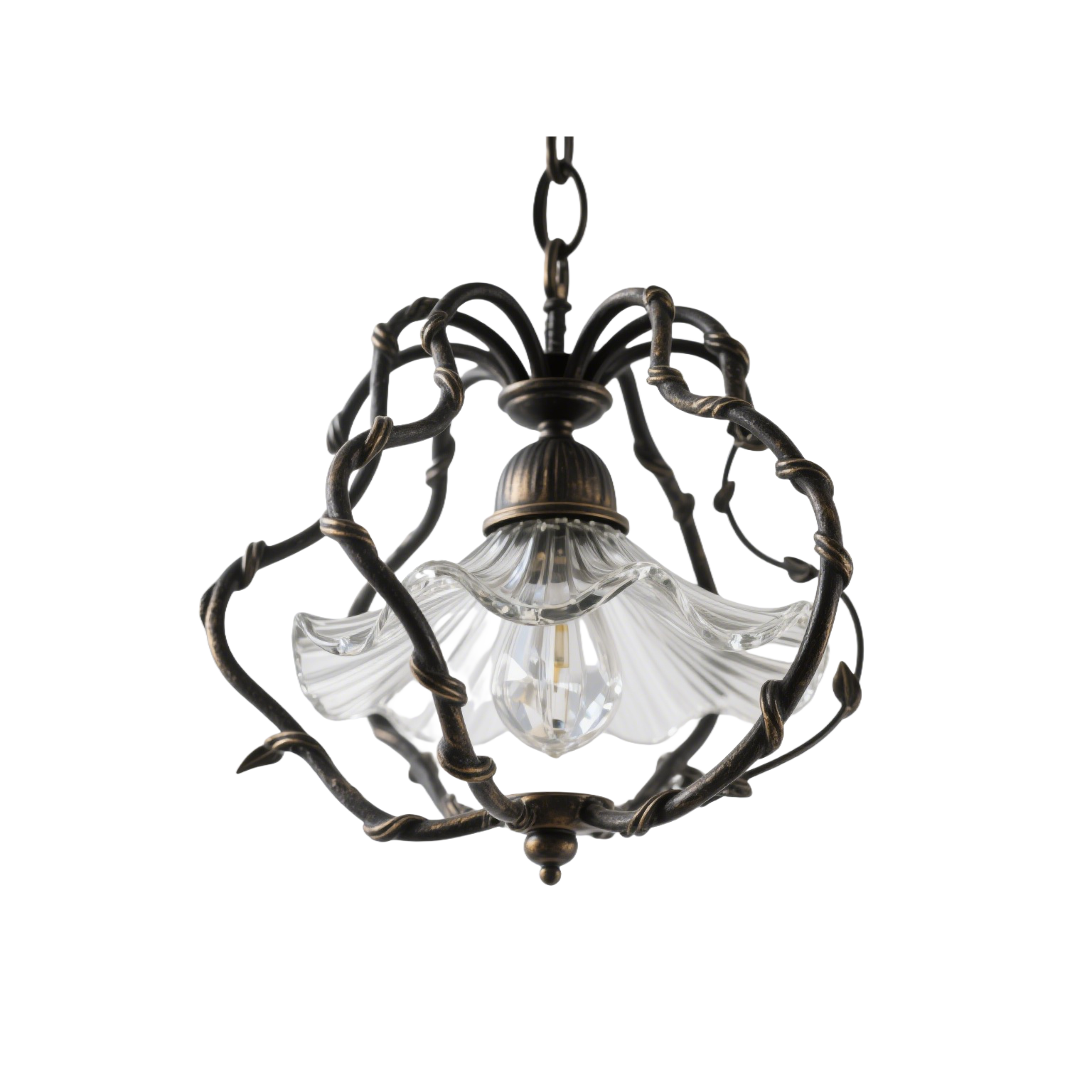 Lámpara colgante vintage de hierro forjado con pantalla de cristal