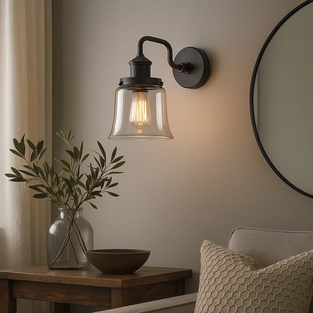 Aplique de pared con diseño de vidrio curvado y detalles en bronce oscuro