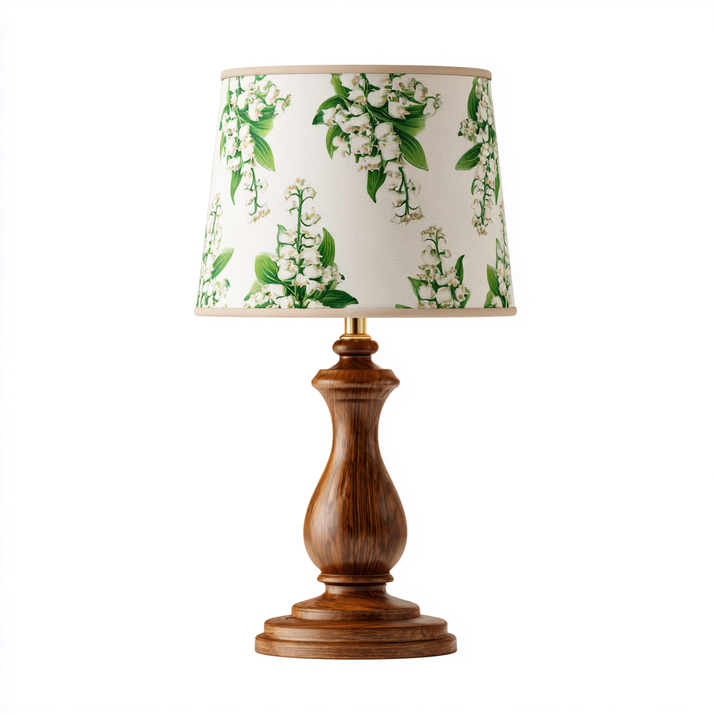 Lámpara de mesa de madera con pantalla floral de lirio de los valles