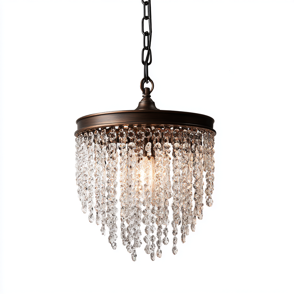 Lámpara de araña pequeña con cristales colgantes y acabado en bronce antiguo