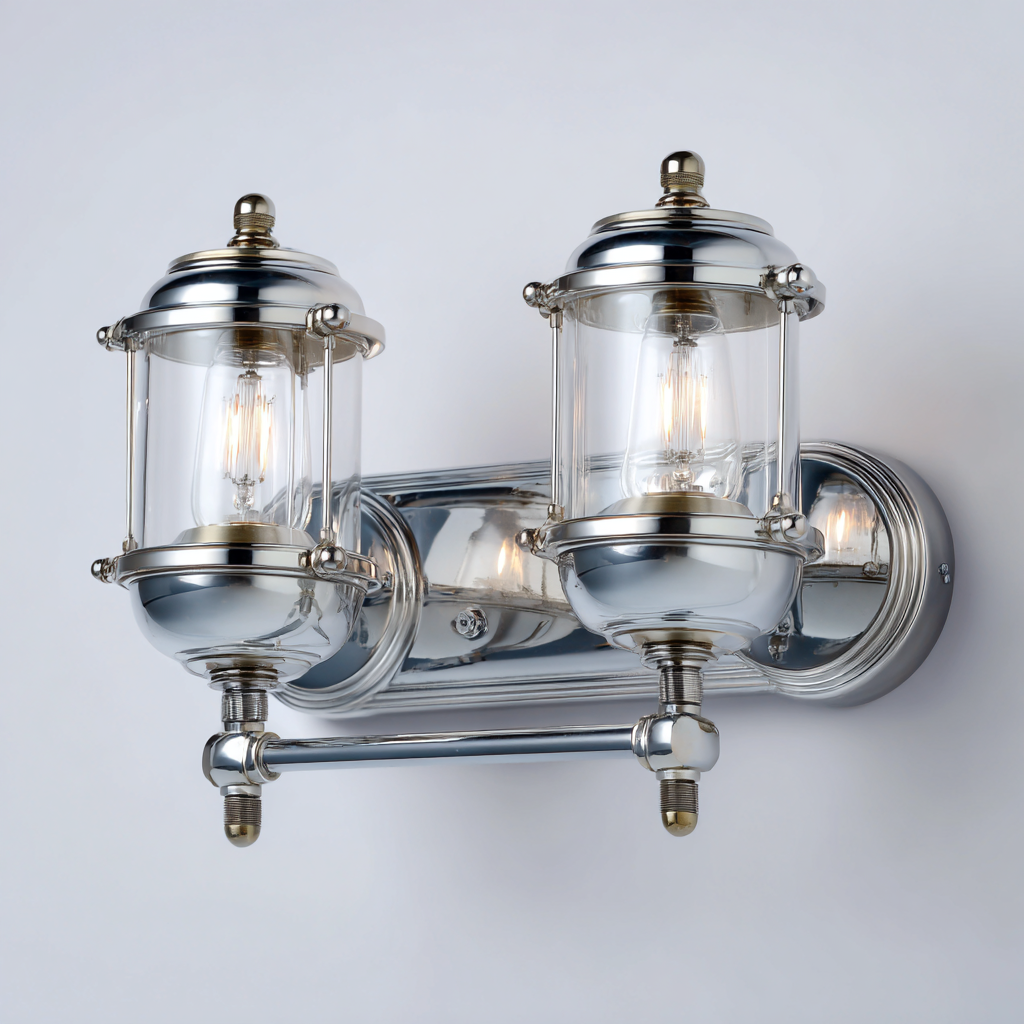 Aplique de pared náutico futurista con dos luces y detalles cromados