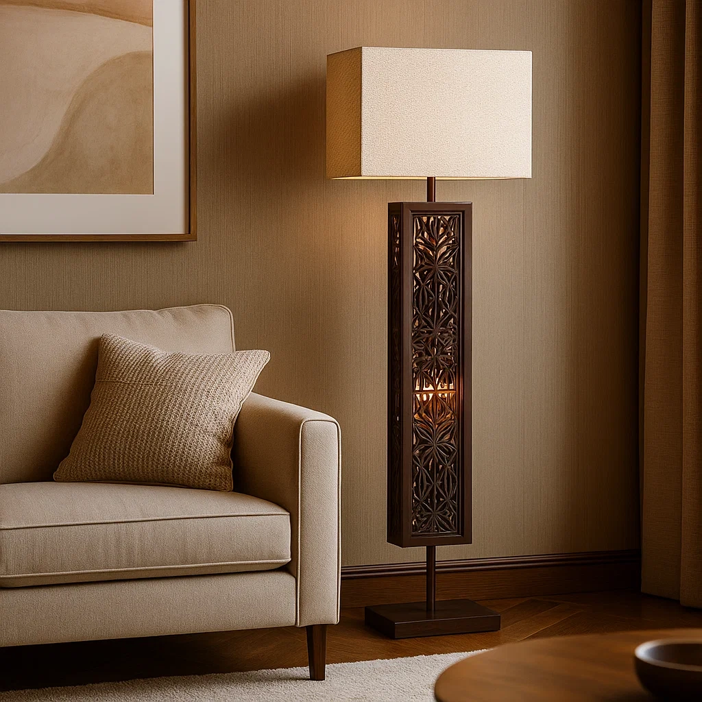 Lámpara de pie de madera tallada con pantalla rectangular de tela