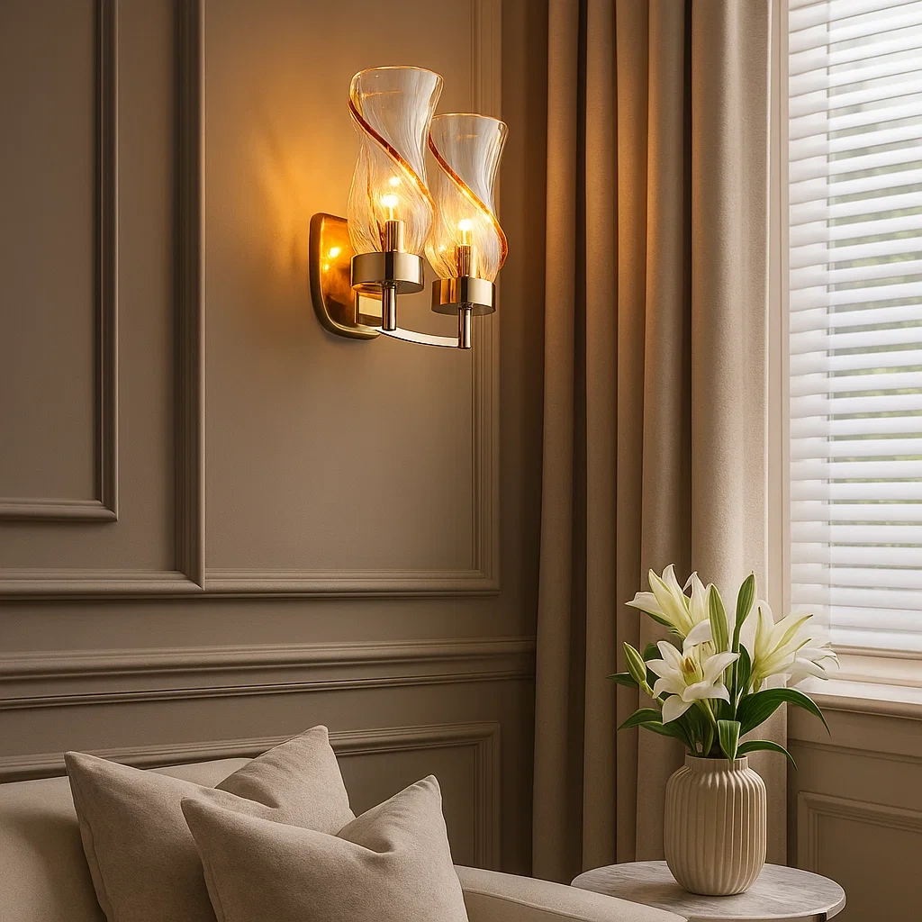 Aplique de pared moderno con dos pantallas de vidrio en forma de cinta