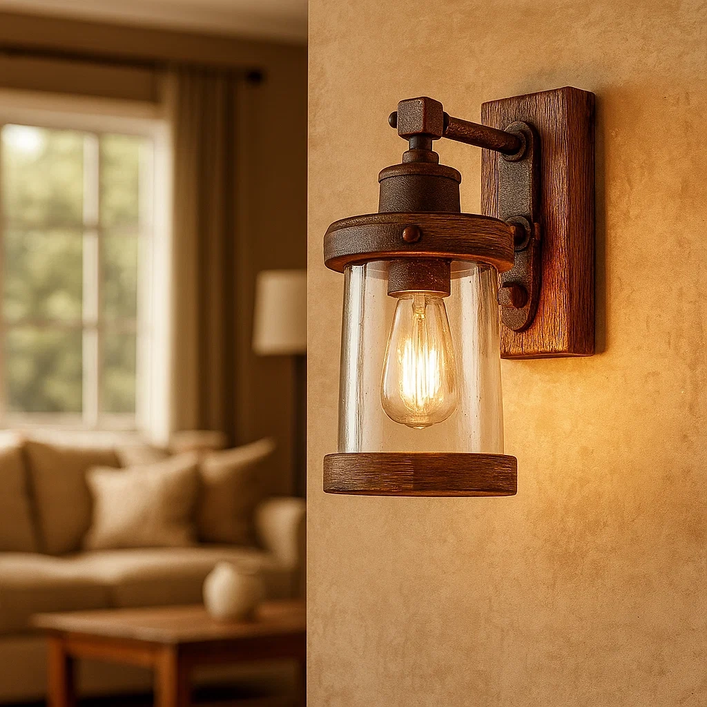 Aplique de pared rústico con base de madera y detalles metálicos