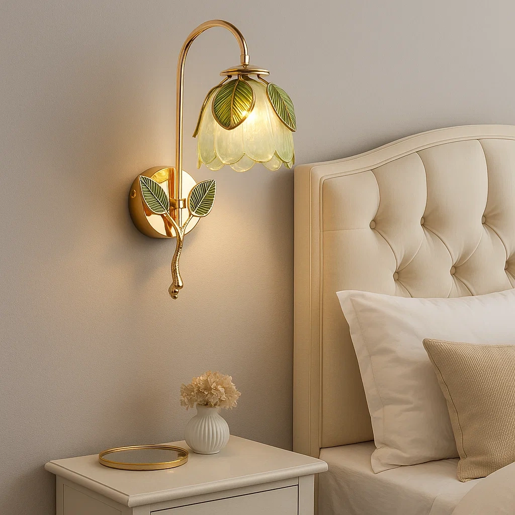 Lámpara de pared colgante de material de latón con diseño floral en cristal verde