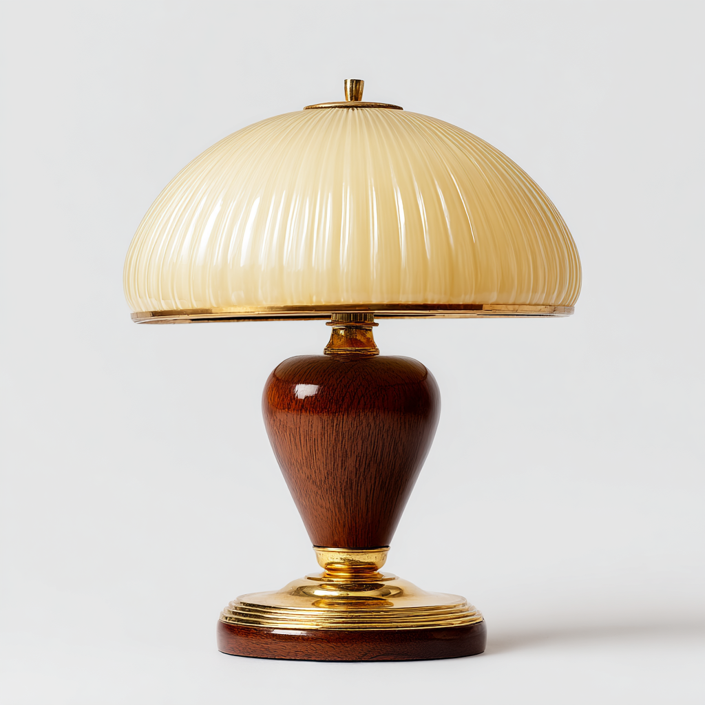 Lámpara de mesa estilo hongo con base de madera y detalles dorados