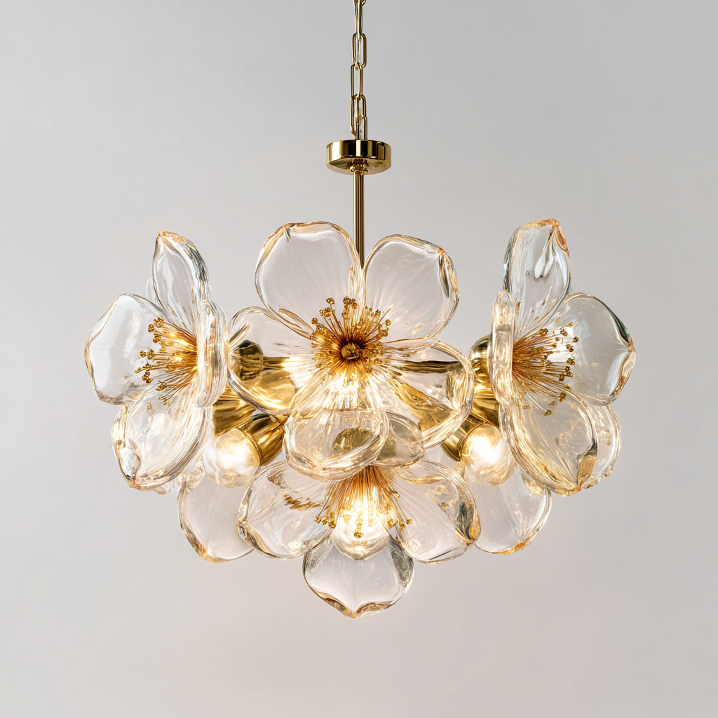 Lámpara de techo de cristal transparente con flores y estructura dorada