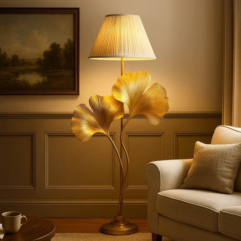 Lámpara de pie artística con hojas metálicas doradas y pantalla plisada