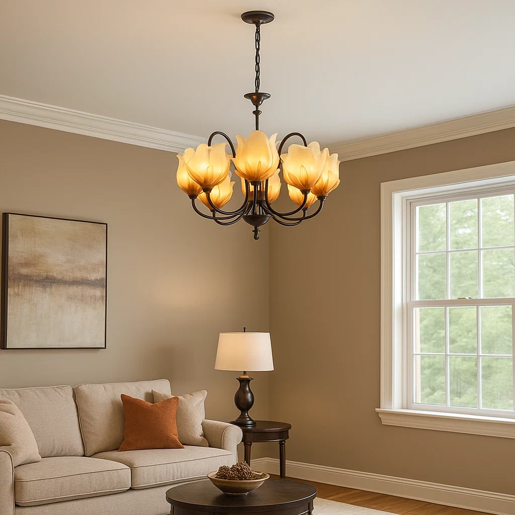Lámpara de techo colgante con seis tulipas de vidrio en forma de flor ámbar