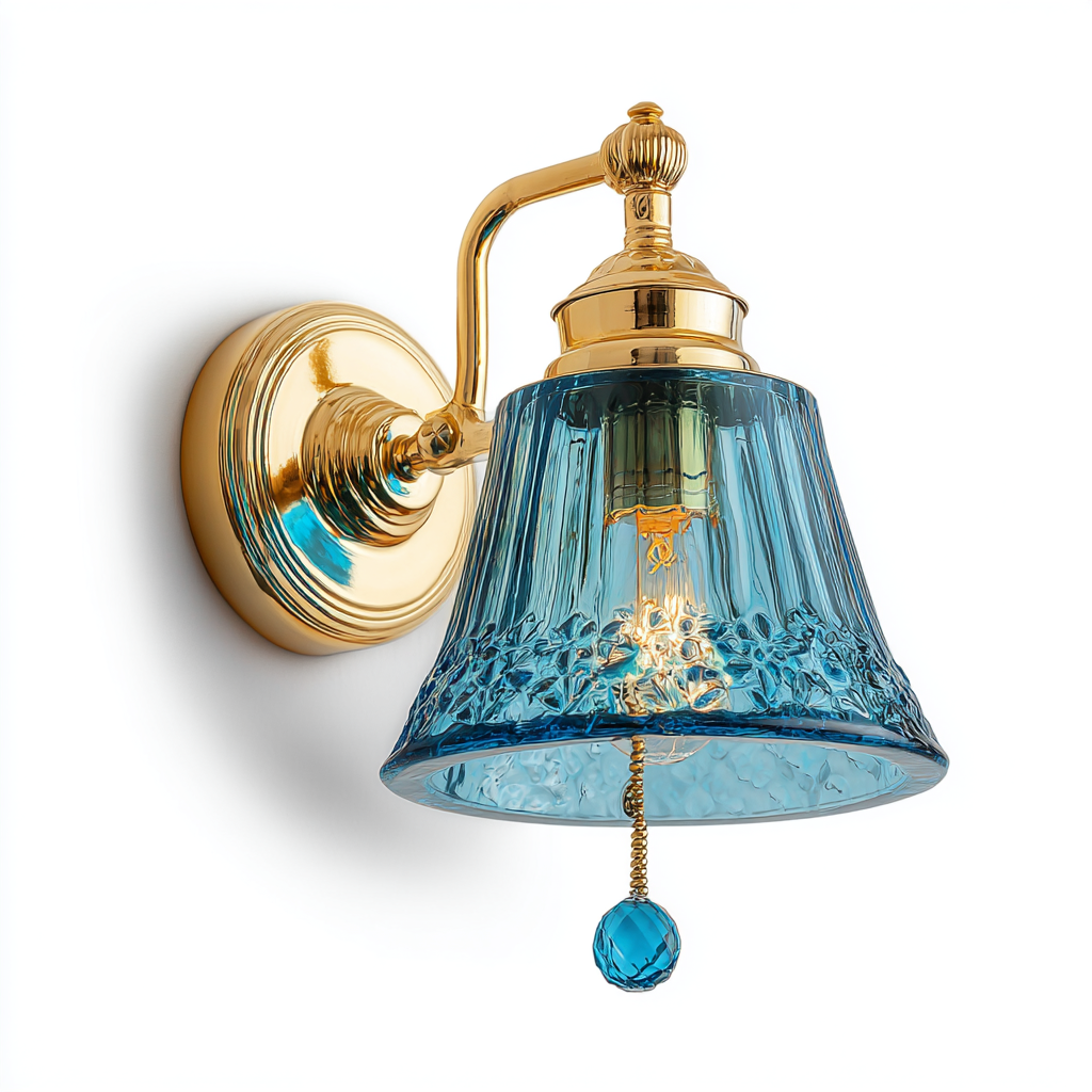 Lámpara de pared vintage con pantalla de vidrio azul y detalles en latón