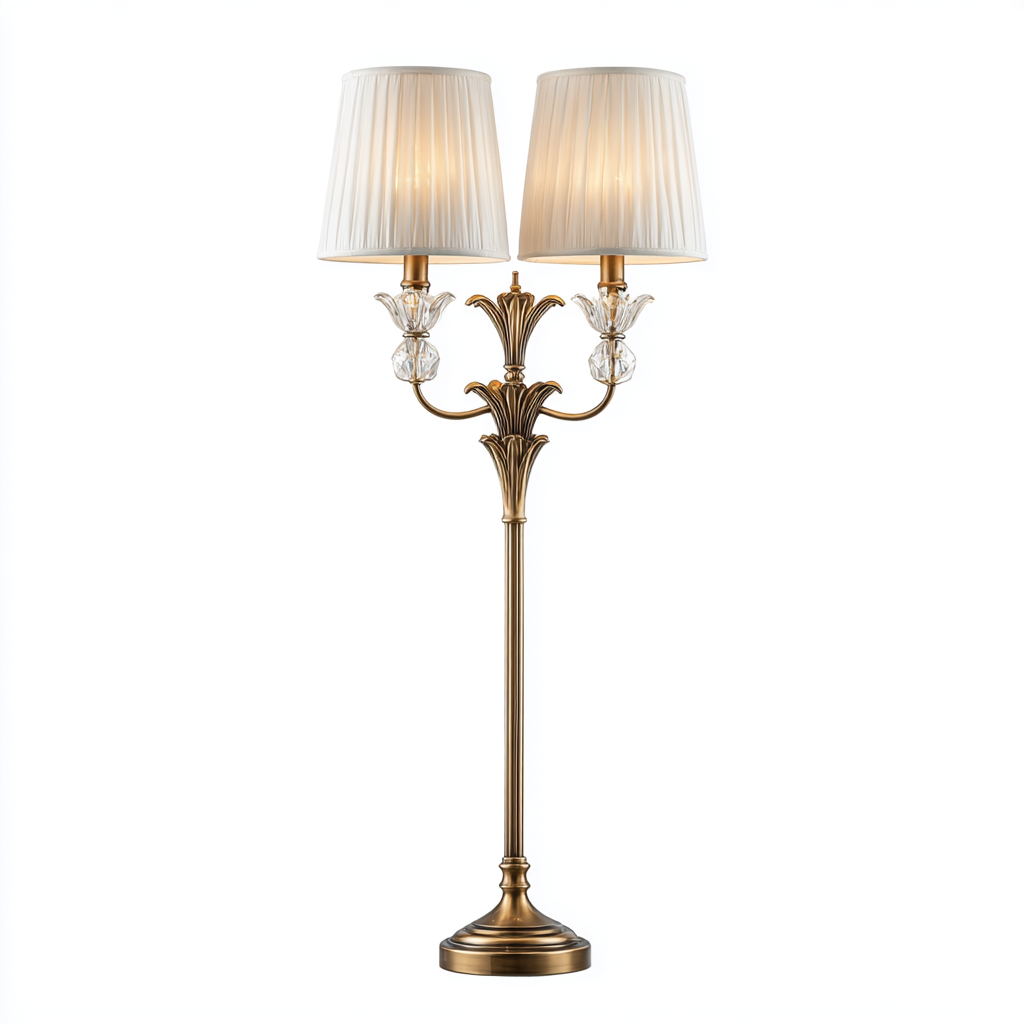 Lámpara de pie elegante de doble pantalla en latón antiguo