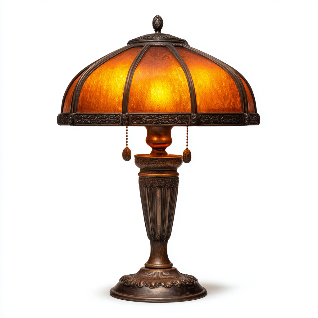 Lámpara de mesa con base de bronce antiguo y pantalla de cristal ámbar