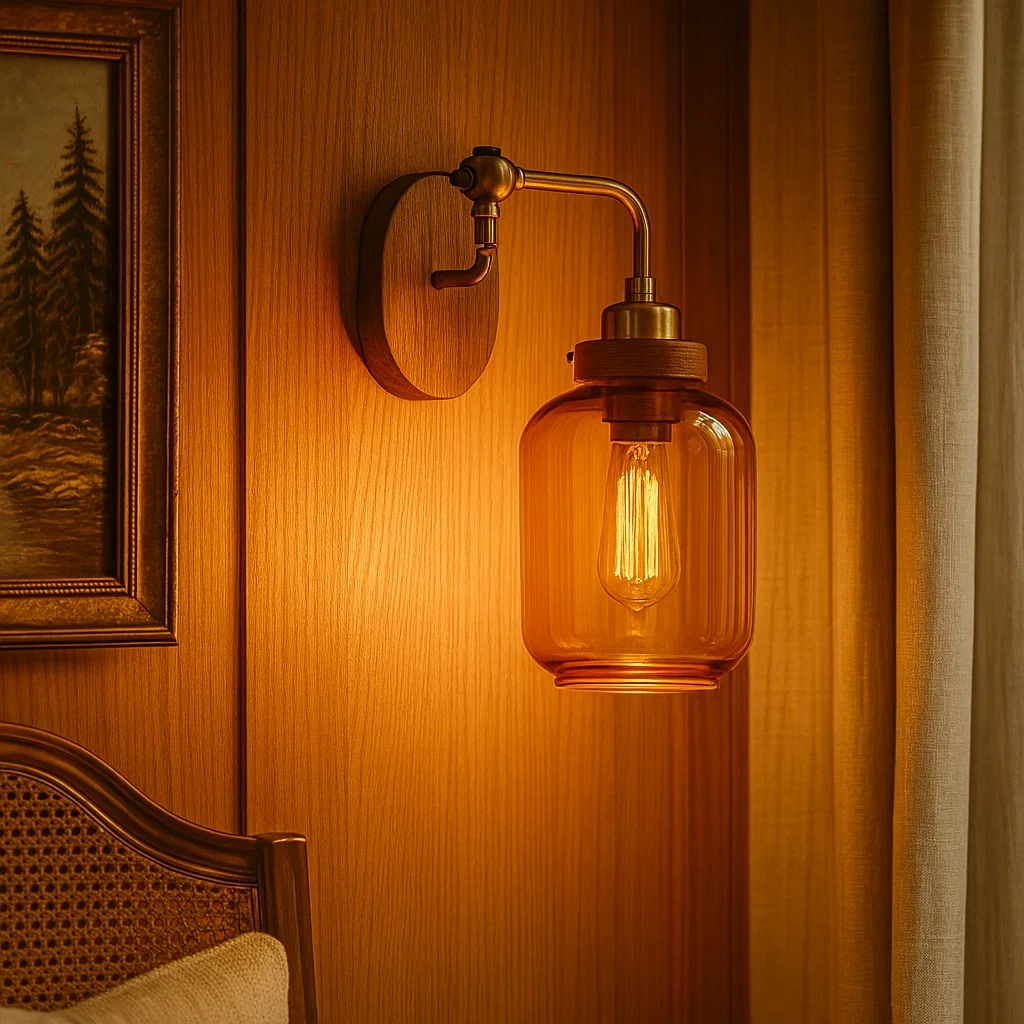 Lámpara de pared vintage con pantalla de vidrio ámbar
