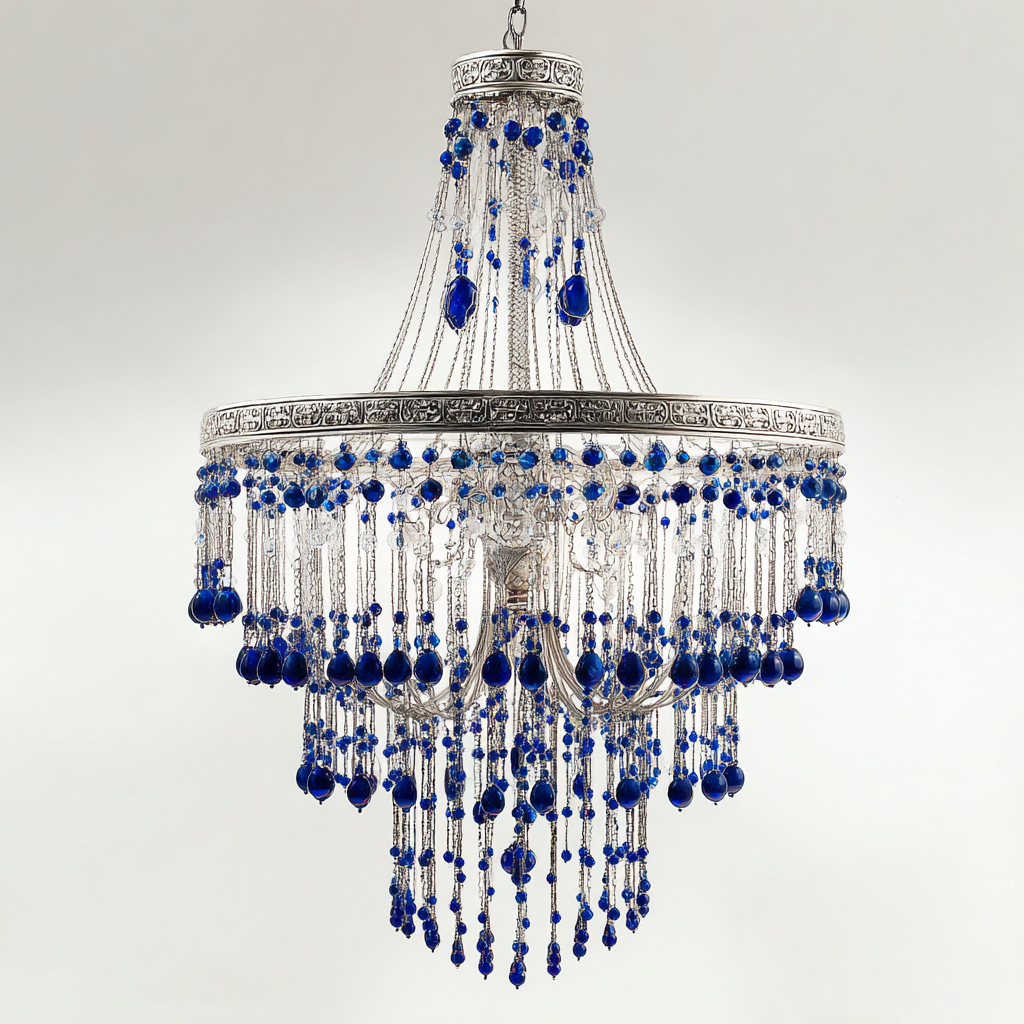 Lámpara de araña grande de cristal con cuentas azules y estructura plateada