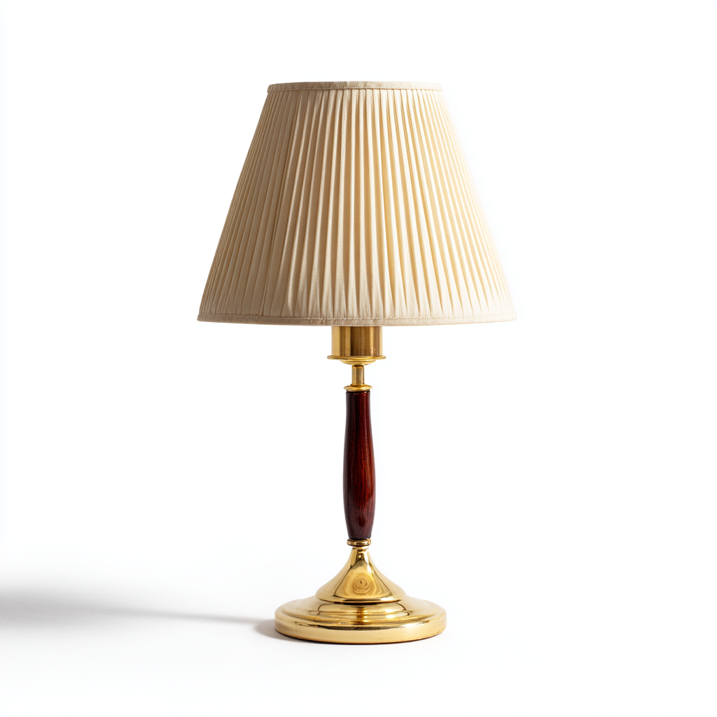 Lámpara de mesa clásica con pantalla plisada beige y base dorada