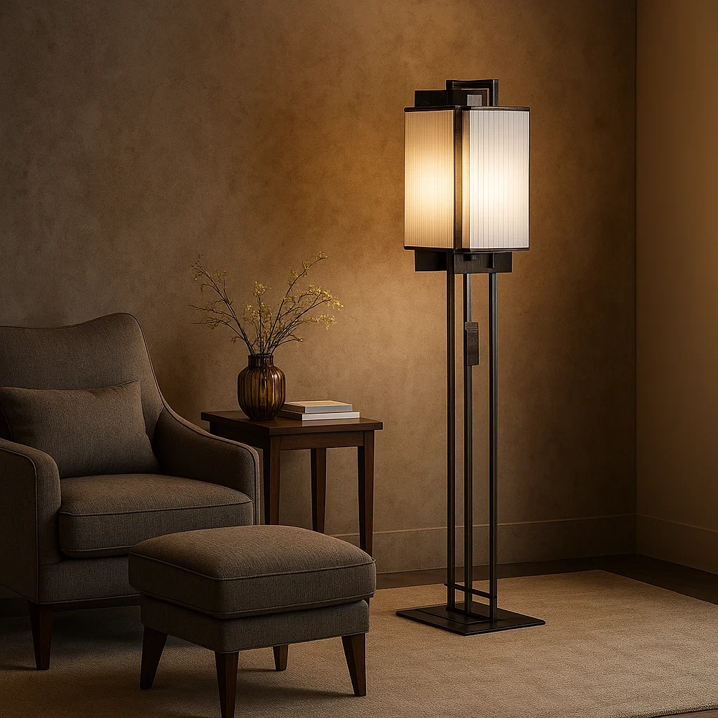 Lámpara de pie moderna con pantalla rectangular de vidrio esmerilado