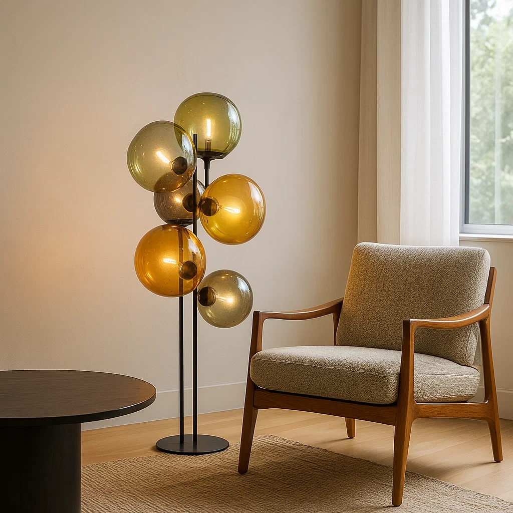 Lámpara de pie moderna con esferas de vidrio de colores