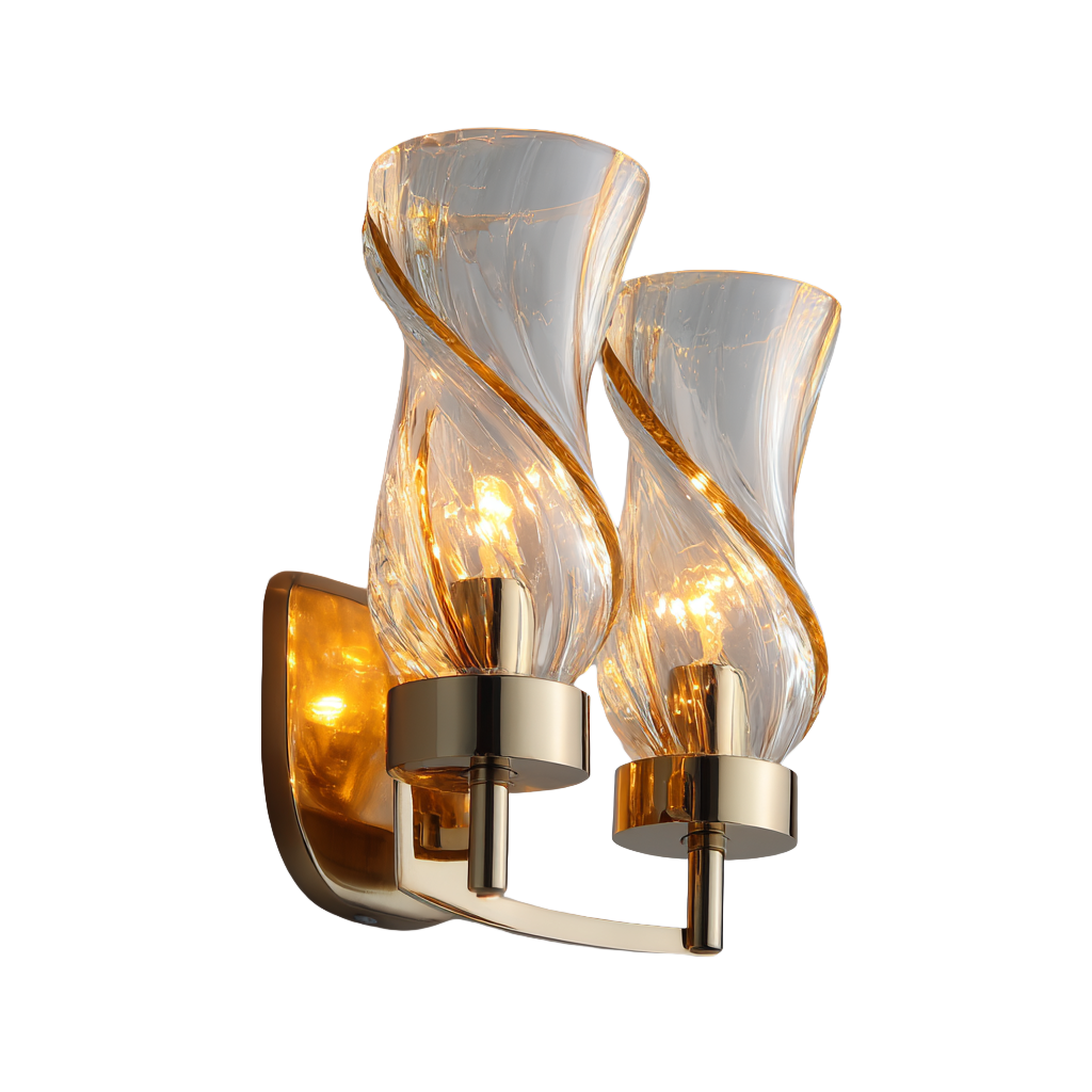 Aplique de pared moderno con dos pantallas de vidrio en forma de cinta